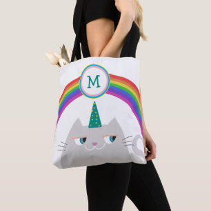 Bolsa Tote Gato Arco-íris Monograma Linda Unicórni