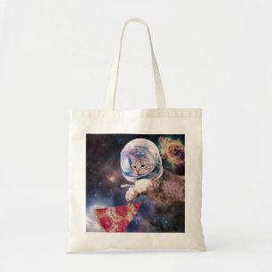 Bolsa Tote Gato astronauta caçando uma fatia de pizza