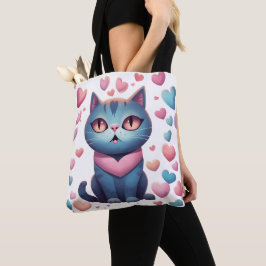 Bolsa Tote Gato Azul Bonito Com Gato De Coração | Kawaii Vale