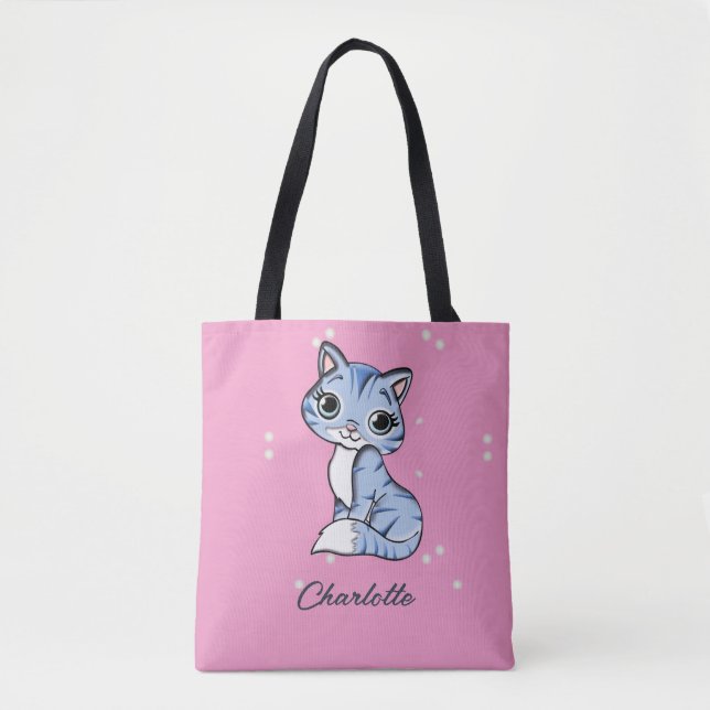 Bolsa Tote Gato azul bonito com nome personalizado rosa (Frente)