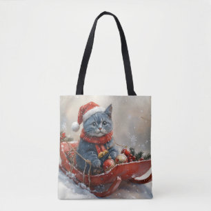 Bolsa Tote Gato Azul Oriental no Trenó Deixe Nevar Natal 
