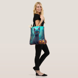 Bolsa Tote Gato Azul Russo Halloween Com Pumpkins Assustado