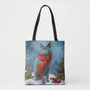 Bolsa Tote Gato Azul Russo no Natal com Neve