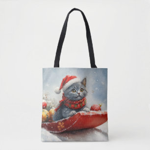 Bolsa Tote Gato Azul Russo no Trenó 'Deixe Nevar' Natal