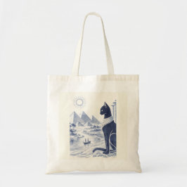 Bolsa Tote Gato Bastet do Antigo Egito e Pirâmides Azul