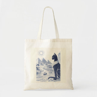 Bolsa Tote Gato Bastet do Antigo Egito e Pirâmides Azul