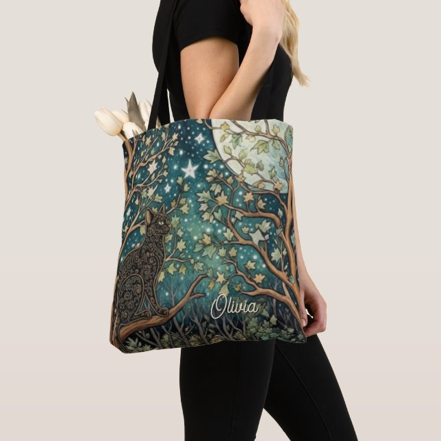 Bolsa Tote Gato boho céu noturno estrelado floresta (Close Up)