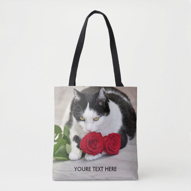 Bolsa Tote Gato bonito com a rosa vermelha (Frente)