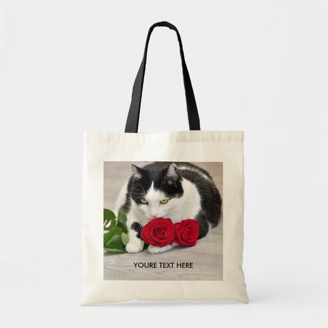 Bolsa Tote Gato bonito com a rosa vermelha (Frente)