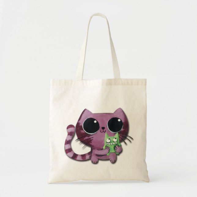 Bolsa Tote Gato bonito do gatinho com o monstro verde pequeno (Frente)