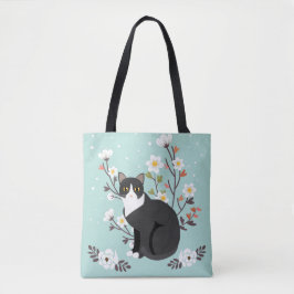 Bolsa Tote Gato bonito do smoking nas flores toda sobre -