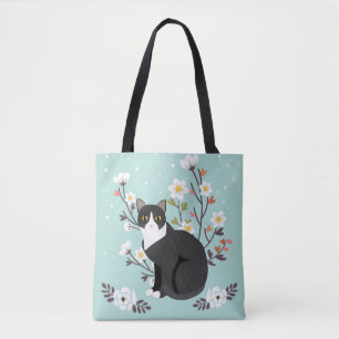 Bolsa Tote Gato bonito do smoking nas flores toda sobre -