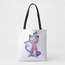 Bolsa Tote Gato Branco e Roxo Cugado com Aves