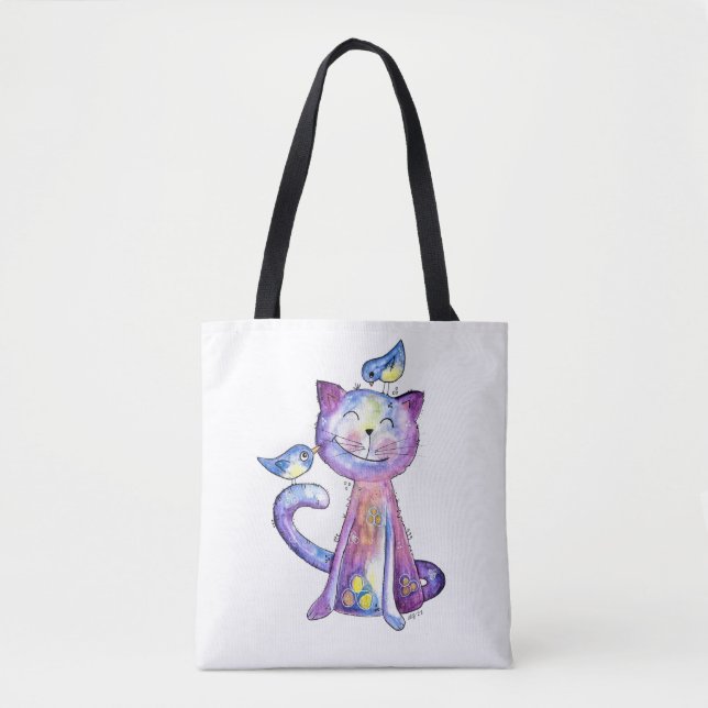 Bolsa Tote Gato Branco e Roxo Cugado com Aves (Frente)