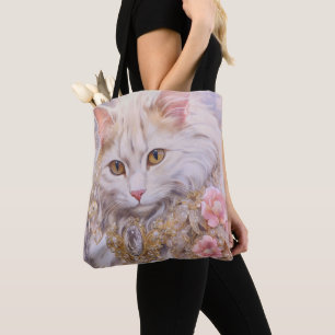 Bolsa Tote Gato Branco Elegante em Dourado e Ouros