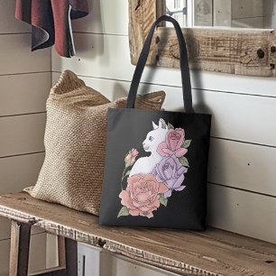 Bolsa Tote Gato Branco Floral Pastel Botânico Romântico Preto