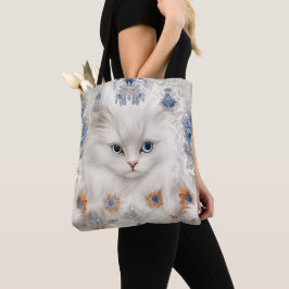 BOLSA TOTE GATO BRANCO FLUFFY COM FLORES AZUIS E LARANJAS