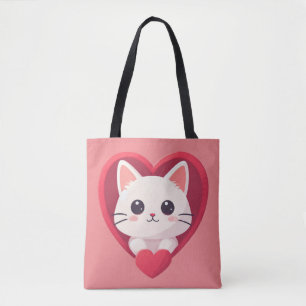 Bolsa Tote Gato Branco Fofo com Coração Desenho de Kawaii Kit