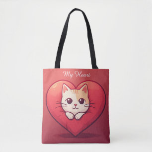 Bolsa Tote Gato Branco Fofo com Coração Desenho de Kawaii Kit
