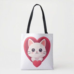 Bolsa Tote Gato Branco Fofo com Coração Desenho de Kawaii Kit