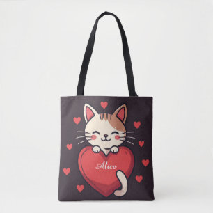 Bolsa Tote Gato Branco Fofo com Coração Desenho de Kawaii Kit