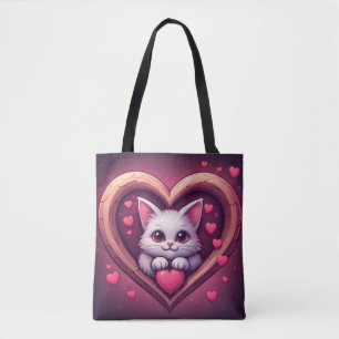 Bolsa Tote Gato Branco Fofo com Coração Desenho de Kawaii Kit