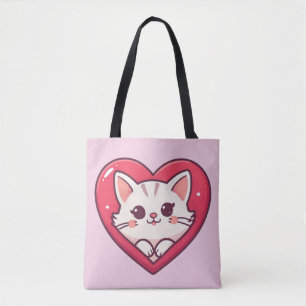 Bolsa Tote Gato Branco Fofo com Coração Desenho de Kawaii Kit