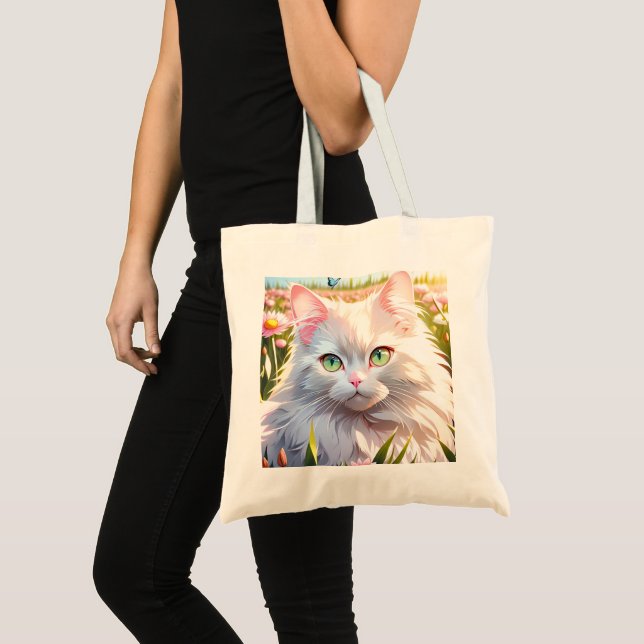 Bolsa Tote Gato Branco na Arte AI de Campo Flor (Frente (produto))