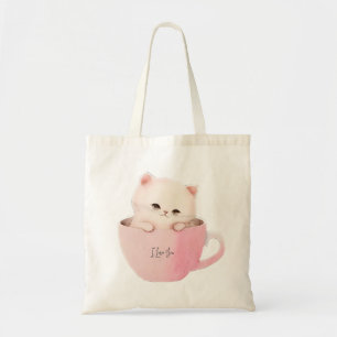 Bolsa Tote Gato branco-rosado em uma taça de chá