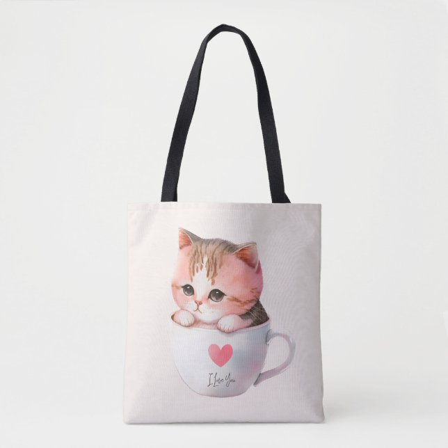 Bolsa Tote Gato branco-rosado em uma taça de chá (2) (Frente)