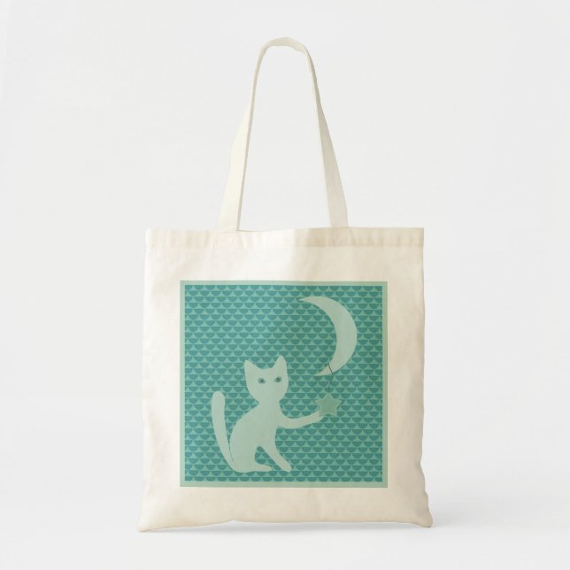 Bolsa Tote Gato Brincando com Lua e Estrelas Teal (Frente)