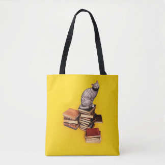 Bolsa Tote Gato britânico em uma pilha de livros