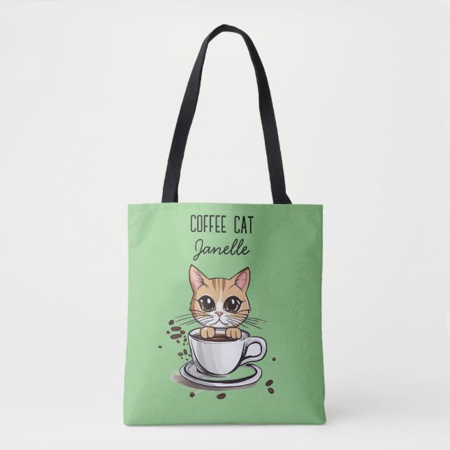 Bolsa Tote Gato Café Verde Engraçado (Frente)
