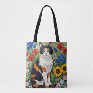Bolsa Tote Gato Calico e Girassóis Arte Popular