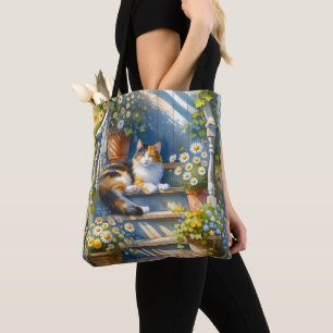 Bolsa Tote Gato Calico no Cottagecore de Varanda Floral