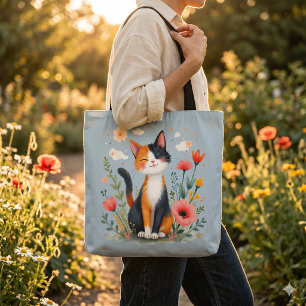 Bolsa Tote Gato Calico sorridente no Jardim Sangrento