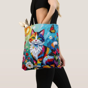 Bolsa Tote Gato Colorido e Borboleta
