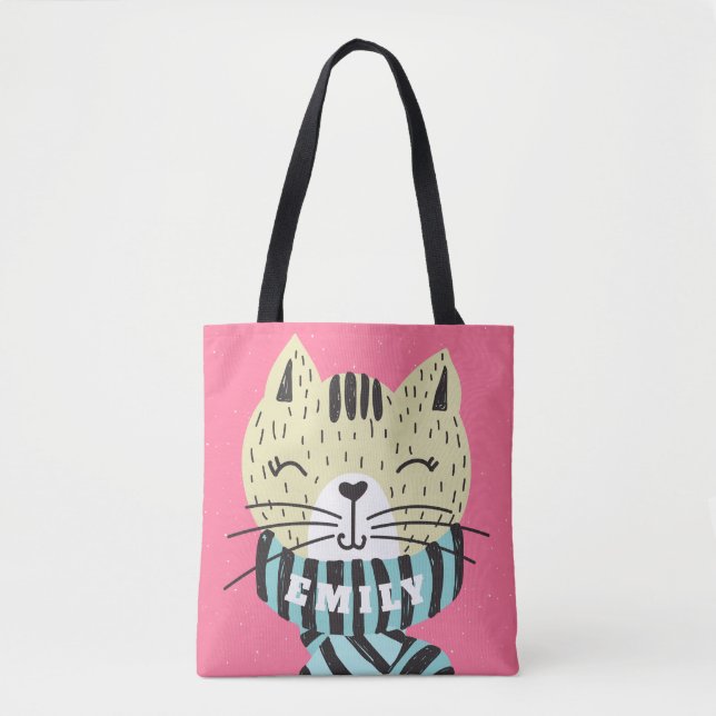 Bolsa Tote gato com cachecol de inverno (Frente)