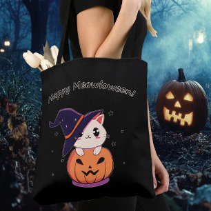 Bolsa Tote Gato com chapéu de bruxa no Halloween Jack-O-Lante