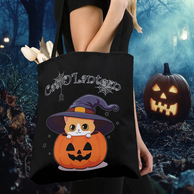 Bolsa Tote Gato com chapéu de bruxa no Halloween Jack-O-Lante (Criador carregado)