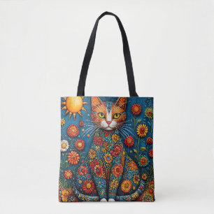 Bolsa Tote 🌸 Gato com Corpo Floral Cercado por Flores