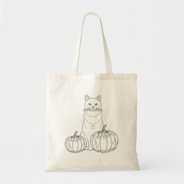 Bolsa Tote Gato Com Dois Abóboras Arte Linear Halloween Fofo (Frente)