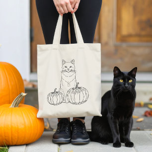 Bolsa Tote Gato Com Dois Pumpkins Line Art Cute Halloween