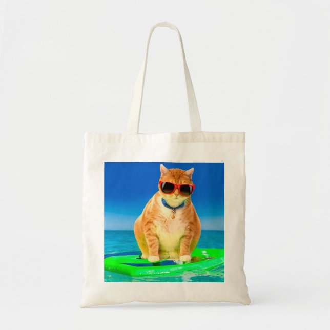 Bolsa Tote Gato com óculos de sol surfando no oceano (Frente)