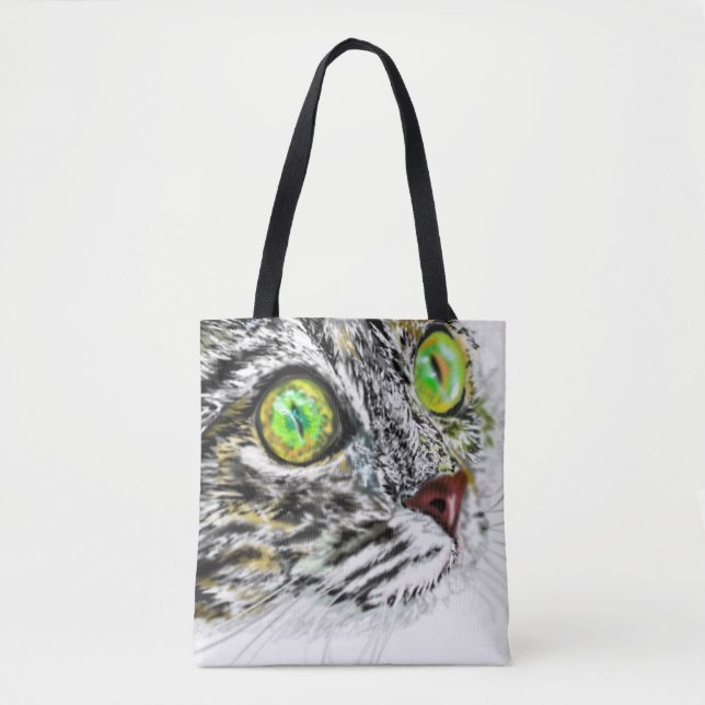 Bolsa Tote Gato com Saco de Olhos Verdes (Frente)