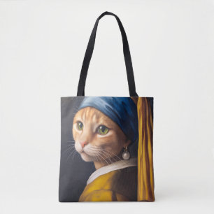 Bolsa Tote Gato com uma Pérola na Orelha Paródia Divertida