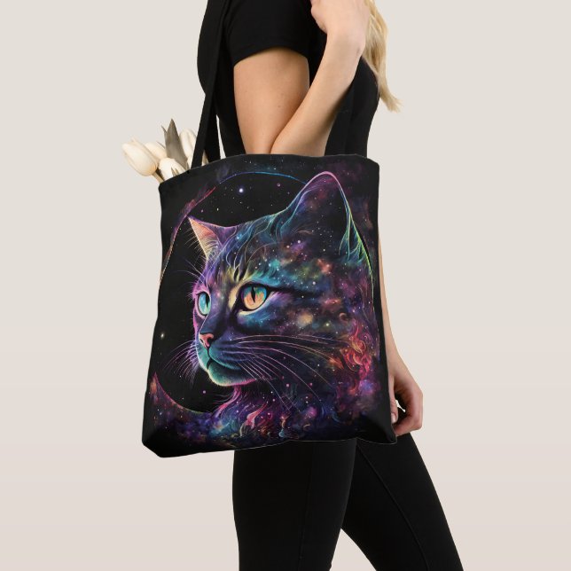 BOLSA TOTE GATO DA GALÁXIA ESCURA IMPRESSIONISTA COM ESTRELAS (Close Up)