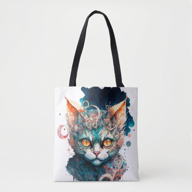 Bolsa Tote Gato de aquarela no estilo steampunk (Frente)