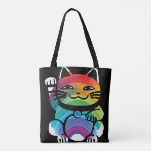 Bolsa Tote Gato de Boa Sorte Japonês com Arco-Íris