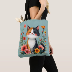 Bolsa Tote Gato de Calico Cinto com Estética Floral de Cottag